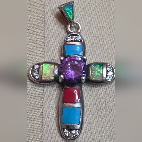 Navajo Jewelry - NATIVE  925 SILVER MULTI GEMSTONE  OPAL, AMETHYST, CORAL, TURQUOISE, DIA PENDANT